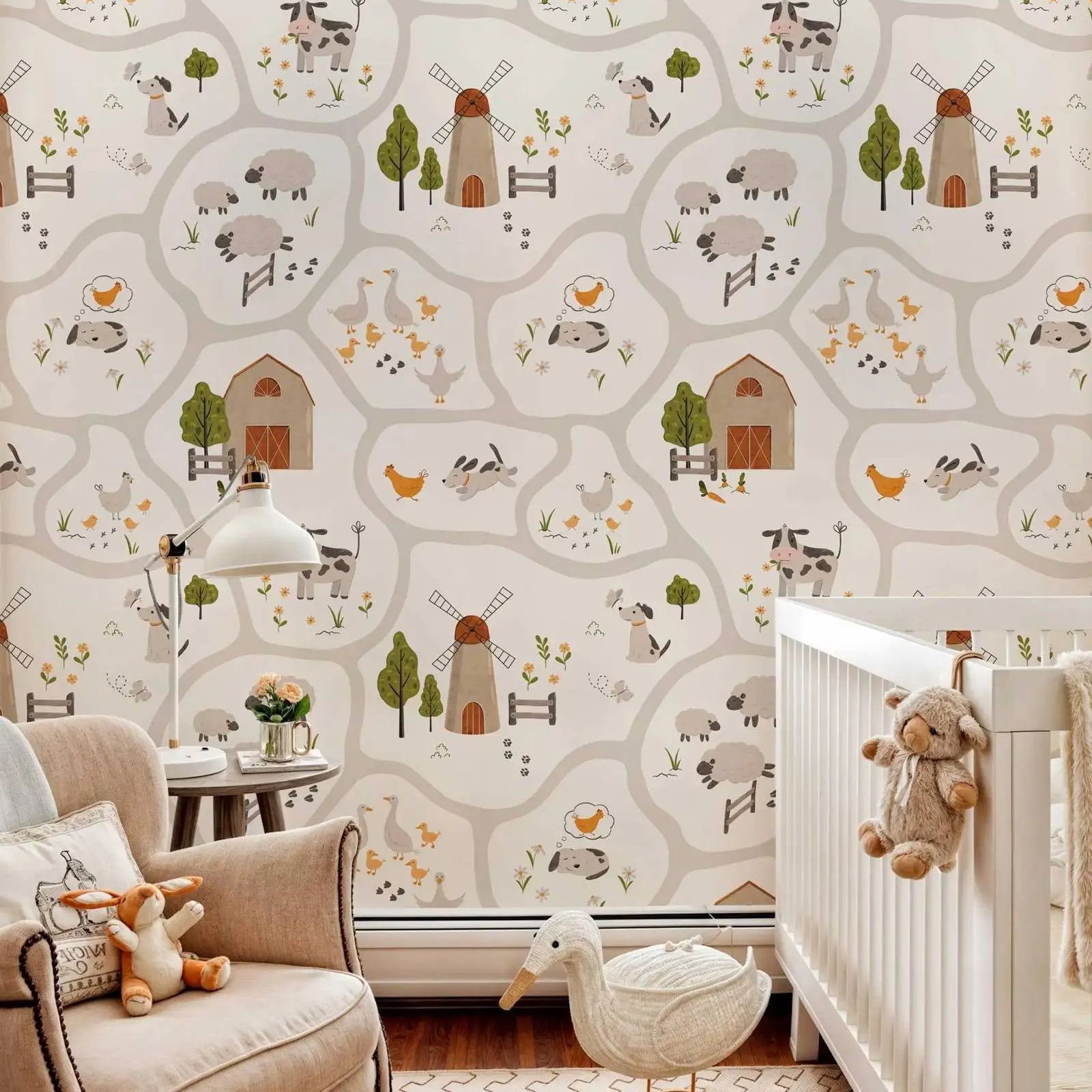 Baby Nursery Water - Cute Farm Animals Kids Wallpaper Peel