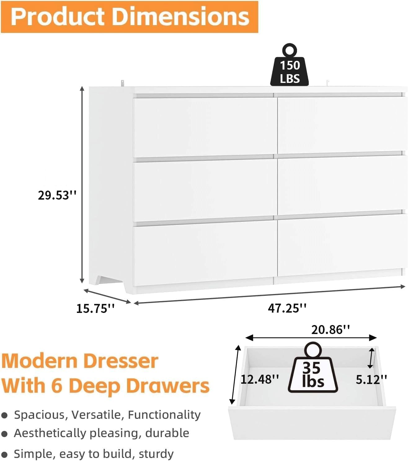 White Wood 6 Drawer Dresser fo - Drawer Dresser White review and price
